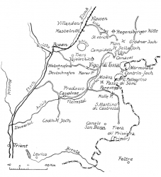 VIGO DI FASSA und UMGEBUNG in: ROST Alfred, Geschichte des k.u.k. Feldjägerbataillons Kopal Nr. 10 1914-1918, WIEN 1938, Skizze 1, S 2